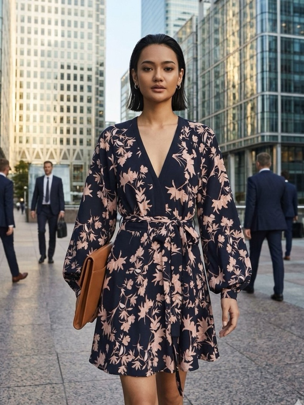 REISS $320 Kerina Floral Black Tan Cream Flippy Long Sleeve Wrap Dress Sz S/4